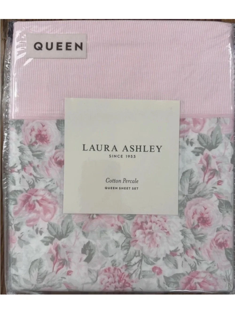 Laura Ashley ~ QUEEN ~ Pink Floral & Pinstripe 4 Pc. Sheet Set 100% Cotton